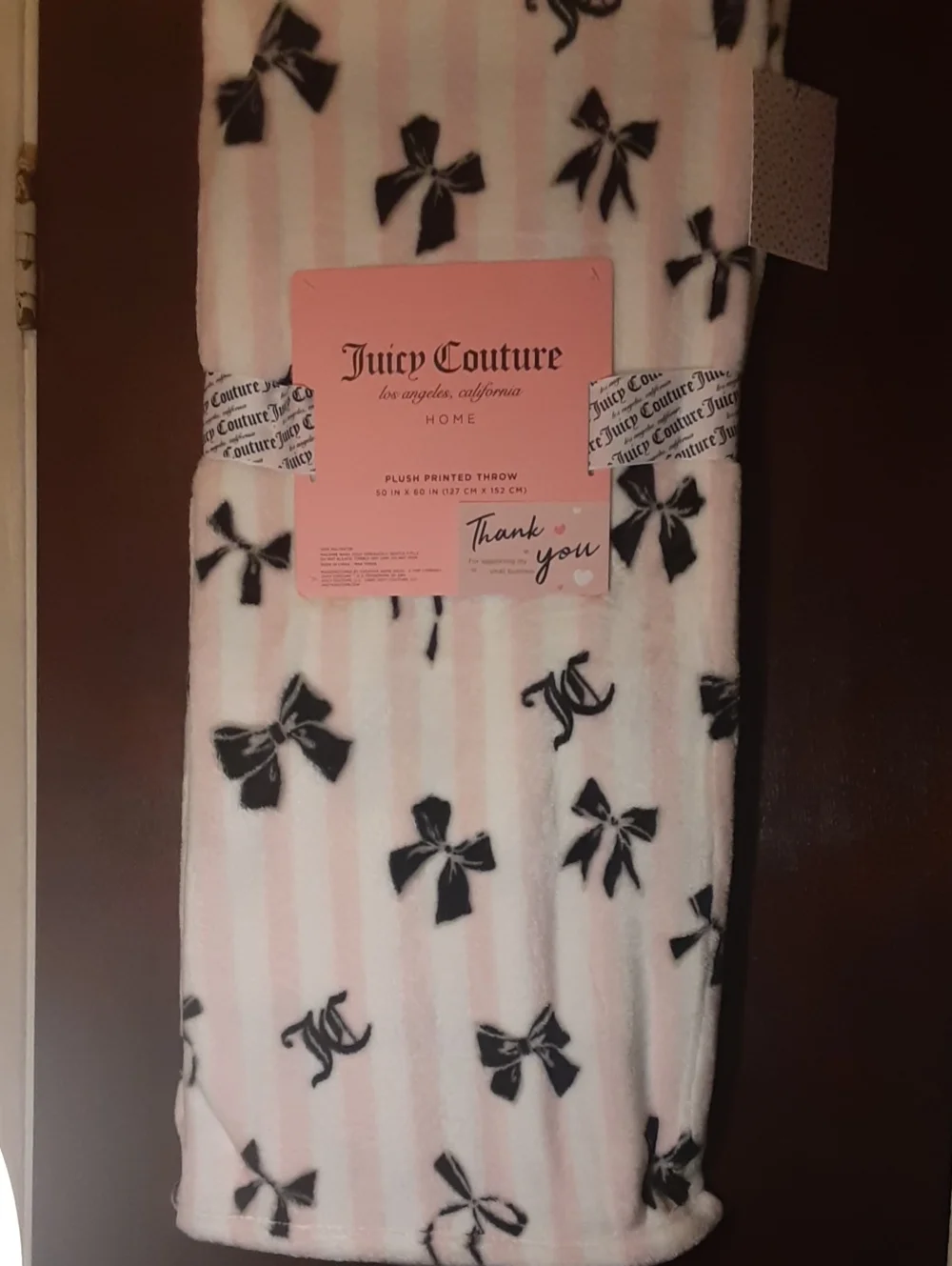 Juicy Couture striped white and pink blanket with black bows